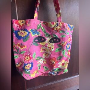 CLARE V. Saturday Tote Pink Floral Eyes Jute Linen